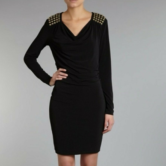 Michael Kors Sexy Rocker Chic Black Body-Con Dress With Gold Shoulder Studs - Picture 10 of 10